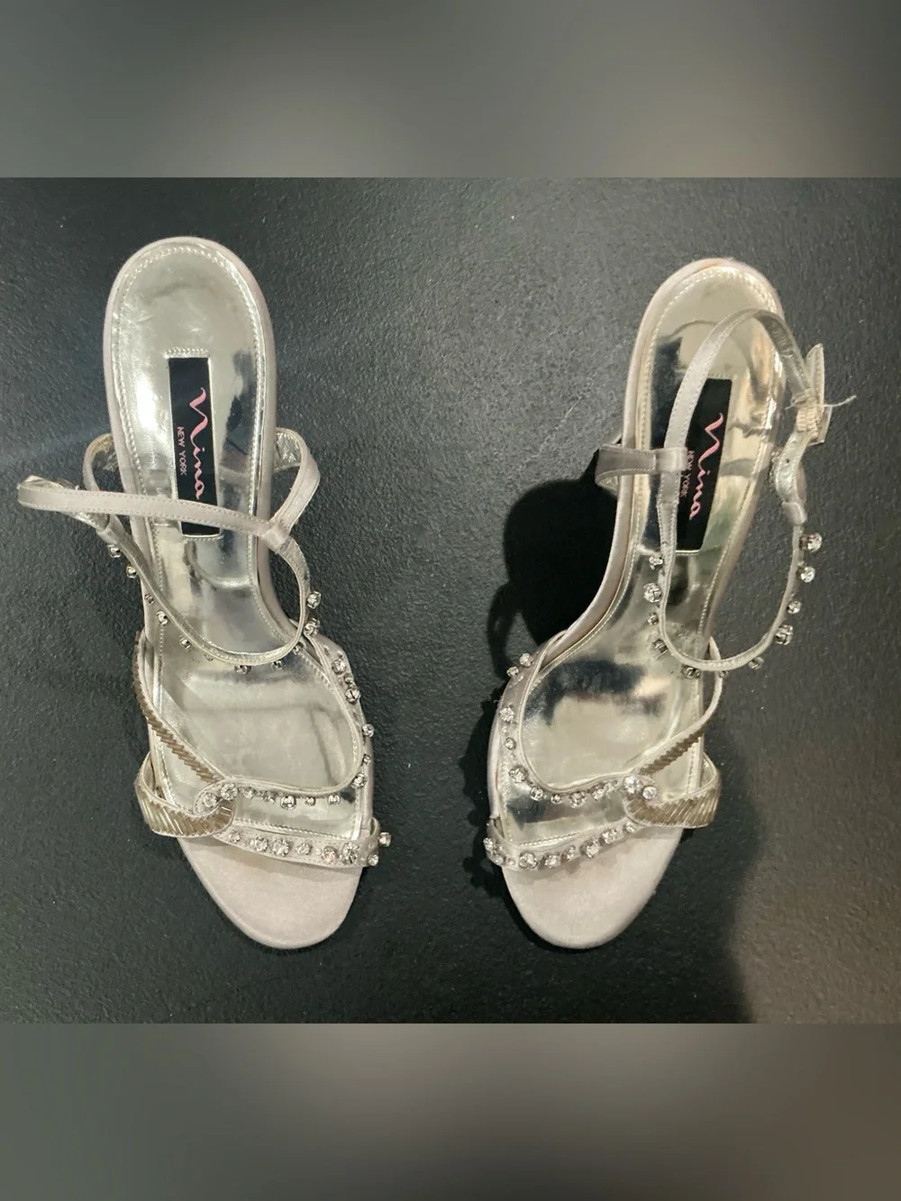 Nina, New York women, satin rhinestone ankle strap evening heels, size 10 M